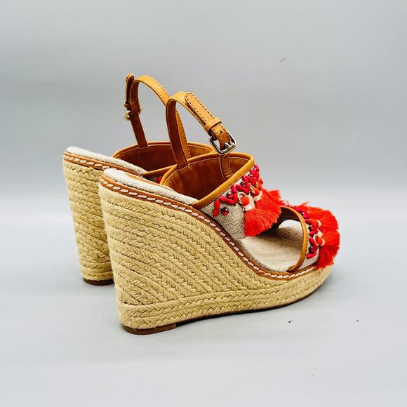 Tory Burch Sandals Womens 7.5 Beige Linen Espadrille Platform Wedge Tassel Shoes - Picture 7 of 11